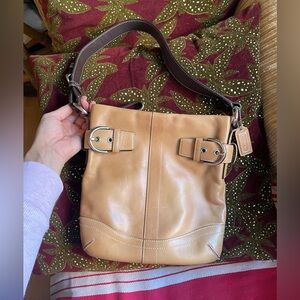Coach Tan Leather Shoulder Bag with silver Buckle Accents